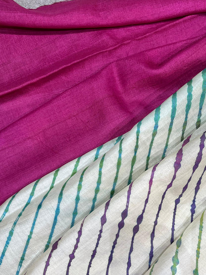 OFF WHITE TASSAR PURE HANDLOOM LEHERIYA SAREE