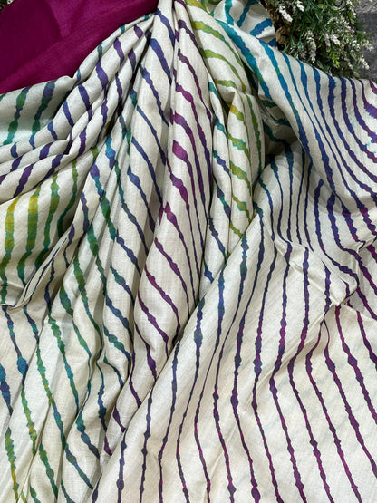 OFF WHITE TASSAR PURE HANDLOOM LEHERIYA SAREE
