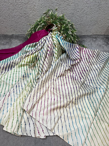 OFF WHITE TASSAR PURE HANDLOOM LEHERIYA SAREE