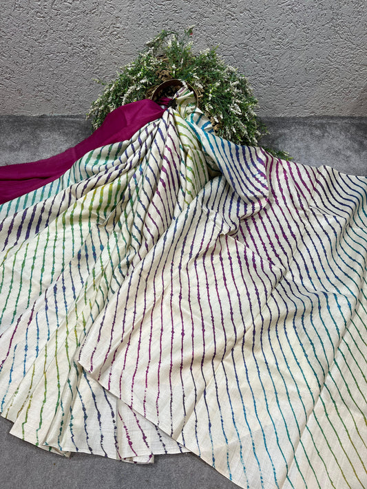 OFF WHITE TASSAR PURE HANDLOOM LEHERIYA SAREE