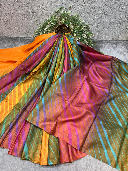 MULTICOLOUR TASSAR PURE HANDLOOM LEHERIYA SAREE