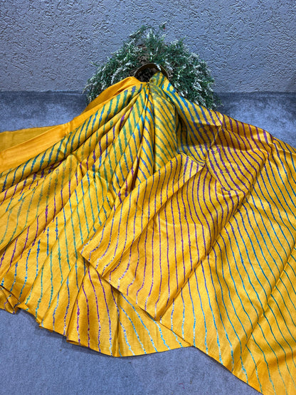 YELLOW TASSAR PURE HANDLOOM LEHERIYA SAREE