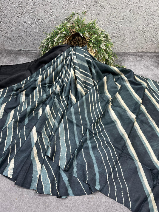 CHARCOAL GREY TASSAR PURE HANDLOOM LEHERIYA SAREE
