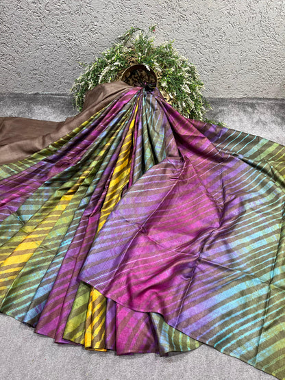 BROWN TASSAR PURE HANDLOOM LEHERIYA SAREE