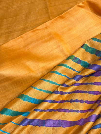 GOLD TASSAR PURE HANDLOOM LEHERIYA SAREE