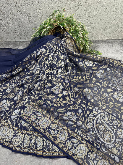 BLUE COTTON NILAMBARI PURE HANDLOOM BANARASI SAREE