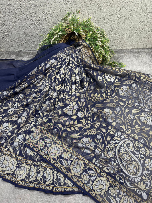 BLUE COTTON NILAMBARI PURE HANDLOOM BANARASI SAREE