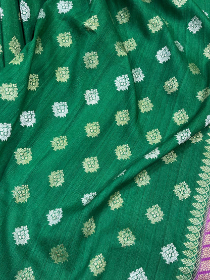 GREEN TASSAR GEORGETTE PURE HANDLOOM BANARASI SAREE