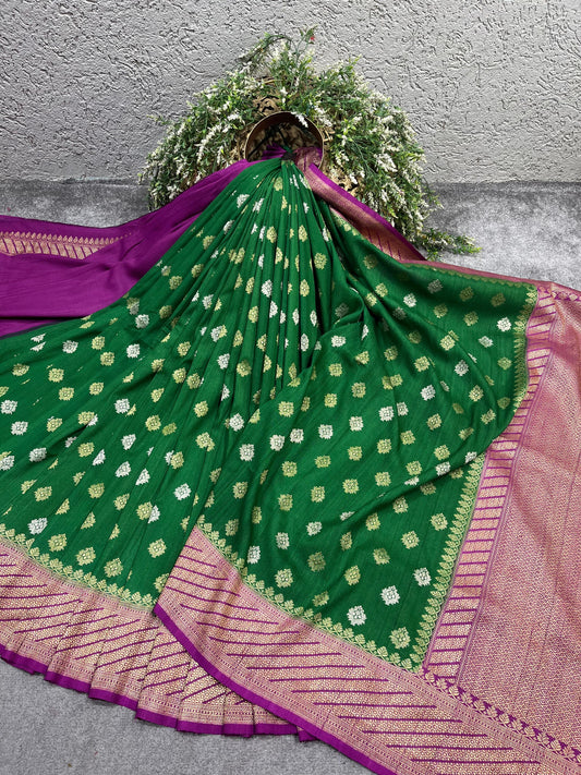 GREEN TASSAR GEORGETTE PURE HANDLOOM BANARASI SAREE