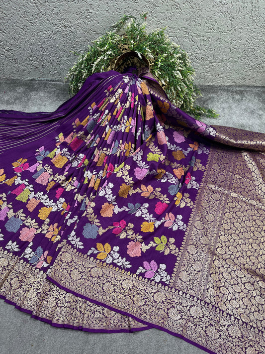 PURPLE TASSAR GEORGETTE PURE HANDLOOM BANARASI SAREE