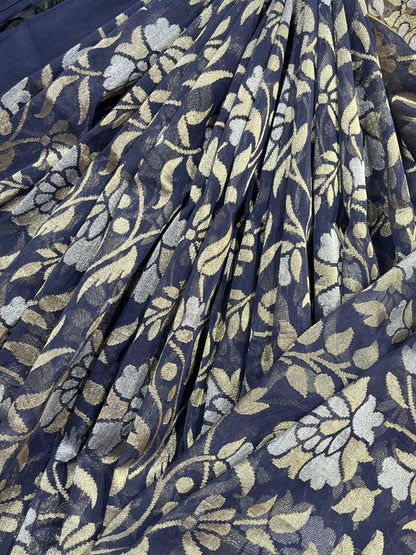BLUE COTTON NILAMBARI PURE HANDLOOM BANARASI SAREE