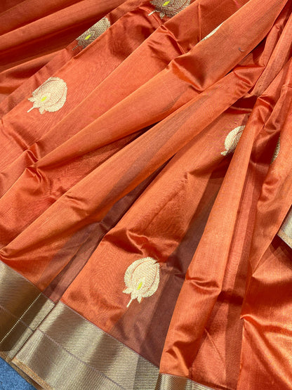 ORANGE SILK PURE HANDLOOM CHANDERI SAREE