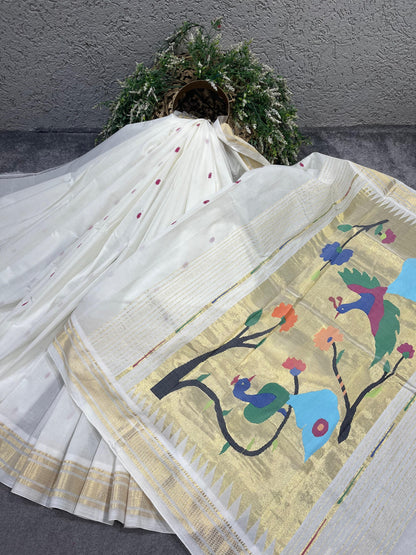 WHITE COTTON PURE HANDLOOM PAITHANI SAREE