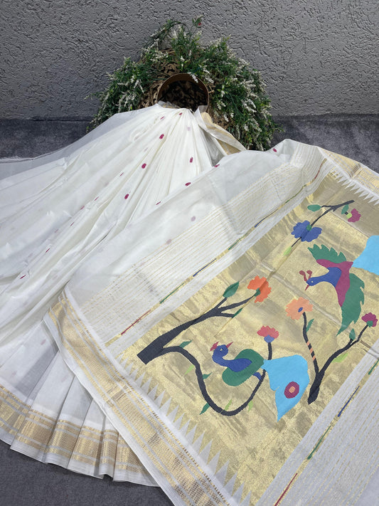 WHITE COTTON PURE HANDLOOM PAITHANI SAREE