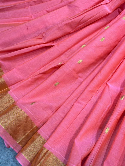 CORAL PINK  COTTON PURE HANDLOOM PAITHANI SAREE