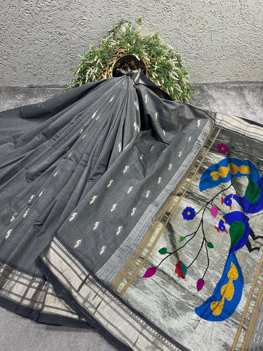GREY COTTON PURE HANDLOOM PAITHANI SAREE