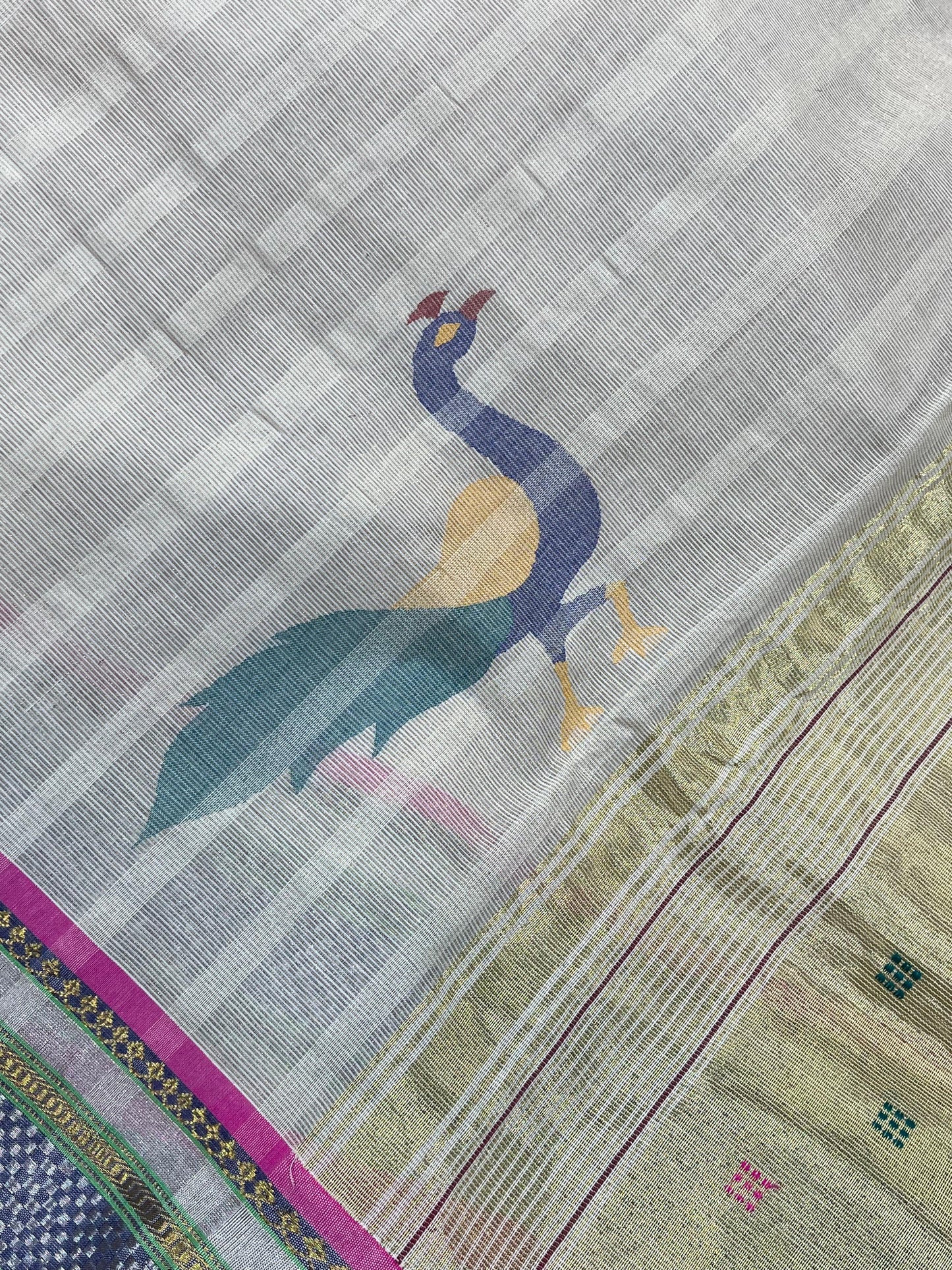 OFF WHITE COTTON TISSUE PURE HANDLOOM PAITHANI SAREE