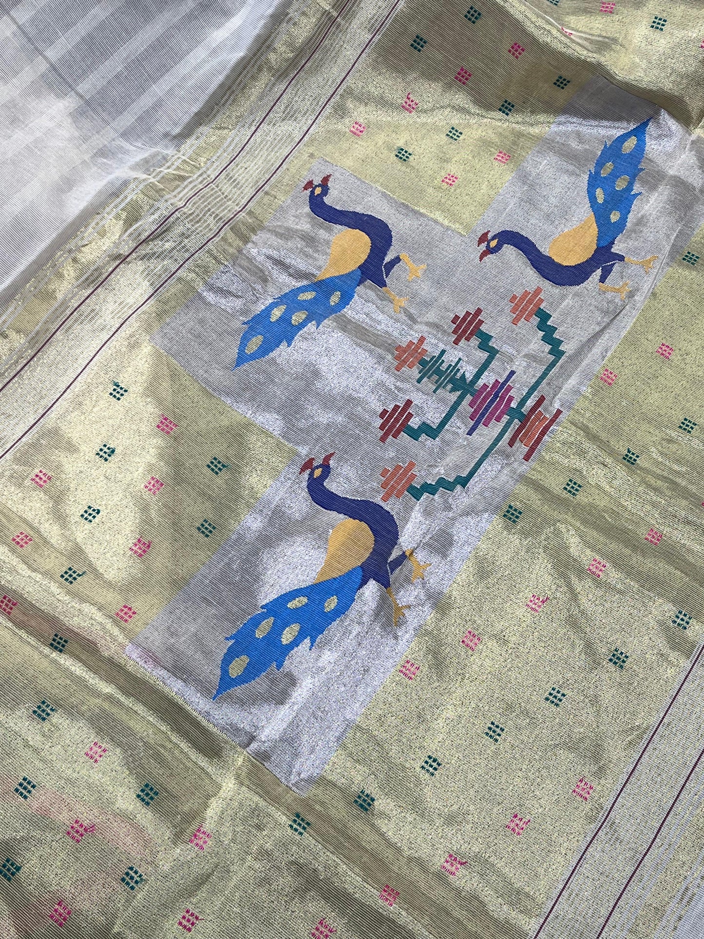 OFF WHITE COTTON TISSUE PURE HANDLOOM PAITHANI SAREE