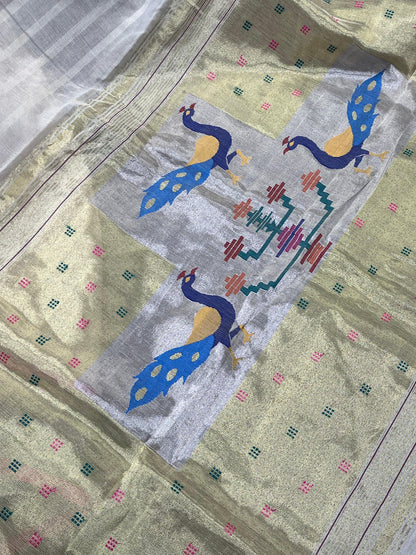 OFF WHITE COTTON TISSUE PURE HANDLOOM PAITHANI SAREE