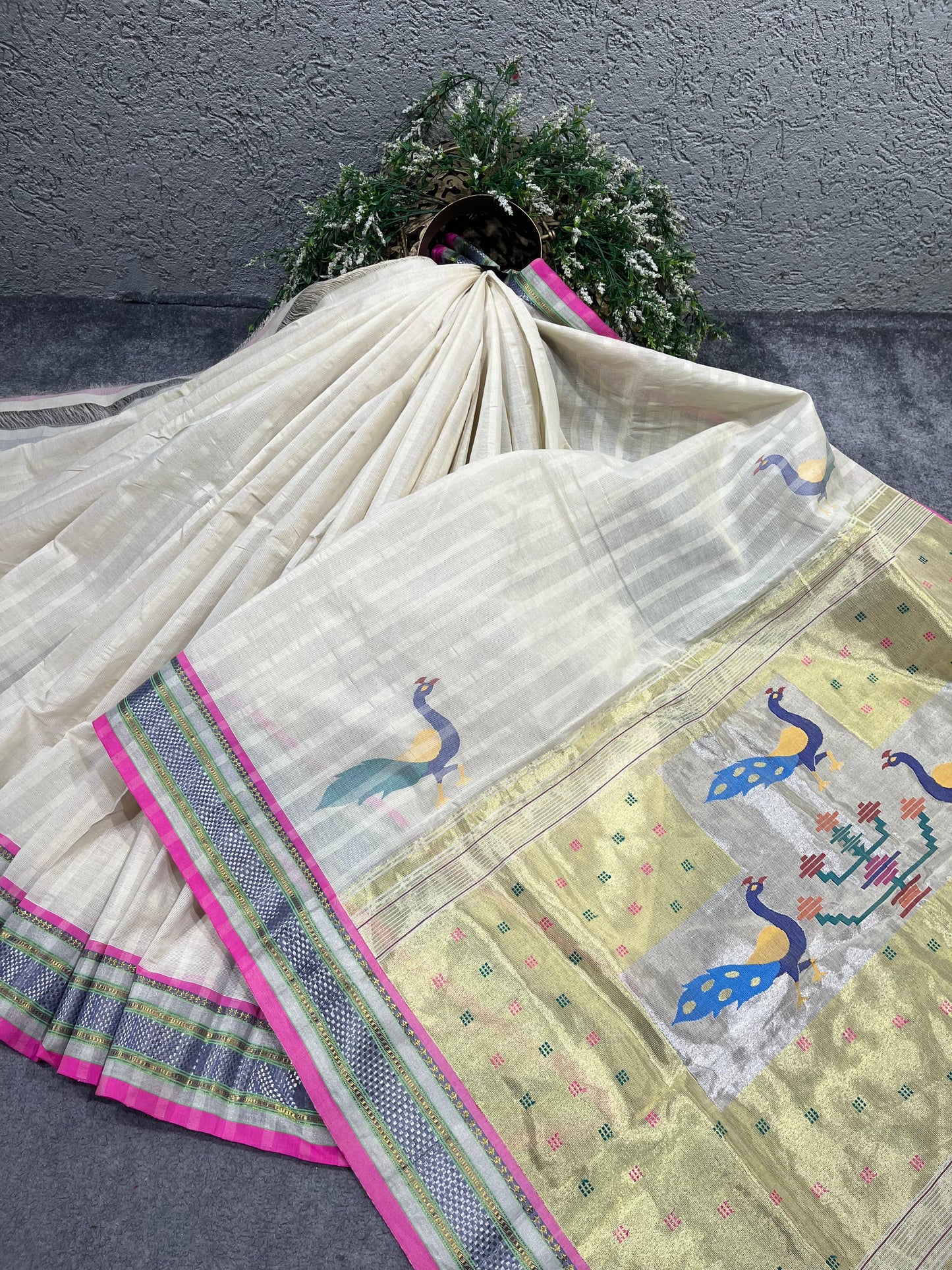 OFF WHITE COTTON TISSUE PURE HANDLOOM PAITHANI SAREE