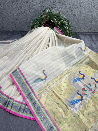 OFF WHITE COTTON TISSUE PURE HANDLOOM PAITHANI SAREE