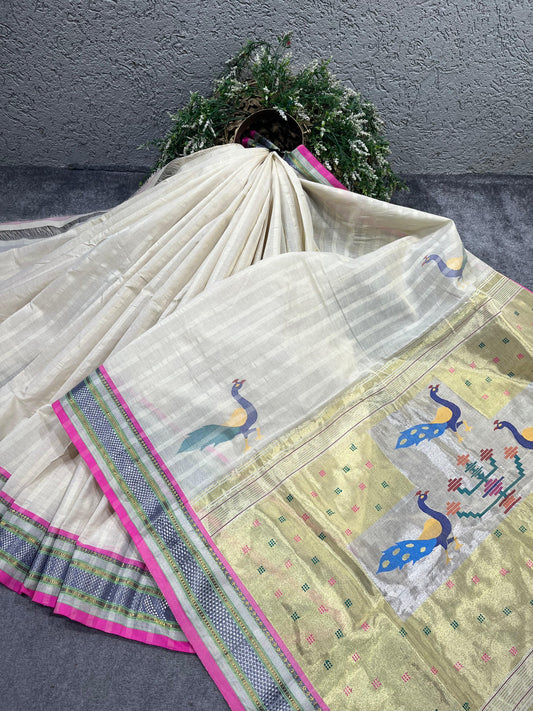 OFF WHITE COTTON TISSUE PURE HANDLOOM PAITHANI SAREE