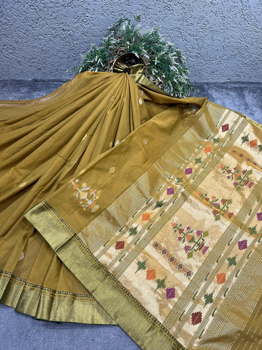 MUSTARD COTTON TISSUE PURE HANDLOOM PAITHANI SAREE