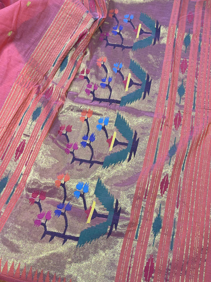 CORAL PINK  COTTON PURE HANDLOOM PAITHANI SAREE