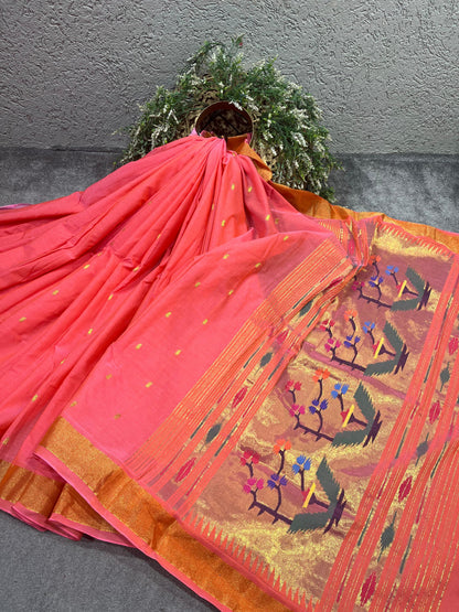 CORAL PINK  COTTON PURE HANDLOOM PAITHANI SAREE