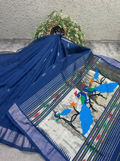 ROYAL BLUE COTTON PURE HANDLOOM PAITHANI SAREE