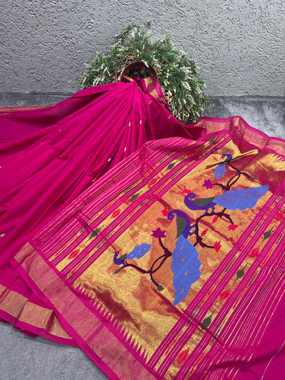PINK COTTON PURE HANDLOOM PAITHANI SAREE