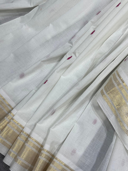 WHITE COTTON PURE HANDLOOM PAITHANI SAREE