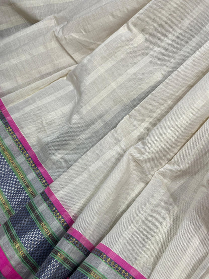 OFF WHITE COTTON TISSUE PURE HANDLOOM PAITHANI SAREE