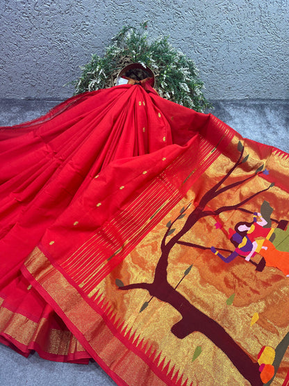 RED COTTON PURE HANDLOOM PAITHANI SAREE