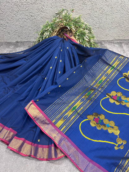 ROYAL BLUE COTTON PURE HANDLOOM PAITHANI SAREE