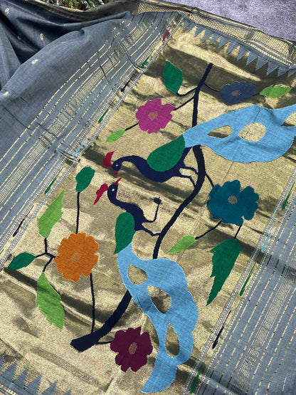 GREY COTTON PURE HANDLOOM PAITHANI SAREE