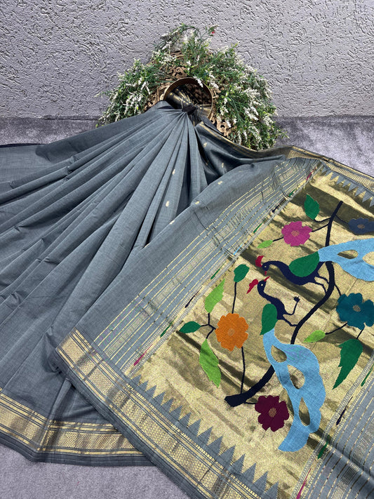 GREY COTTON PURE HANDLOOM PAITHANI SAREE