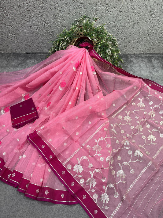 PINK PURE HANDLOOM KOTA DORIYA SAREE