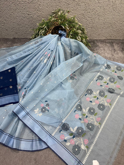 SKY BLUE  PURE HANDLOOM KOTA DORIYA SAREE