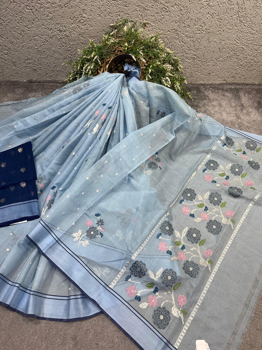 SKY BLUE  PURE HANDLOOM KOTA DORIYA SAREE