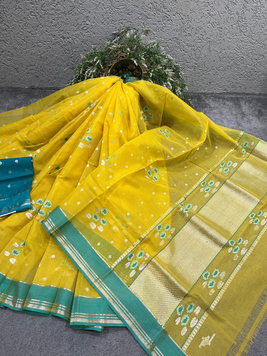 YELLOW PURE HANDLOOM KOTA DORIYA SAREE