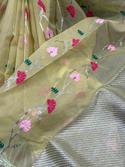 OLIVE GREEN PURE HANDLOOM KOTA DORIYA SAREE