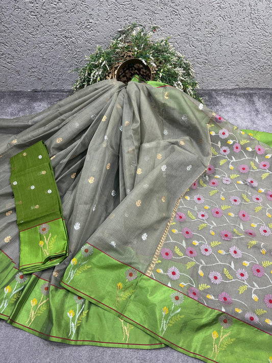 GREY PURE HANDLOOM KOTA DORIYA SAREE