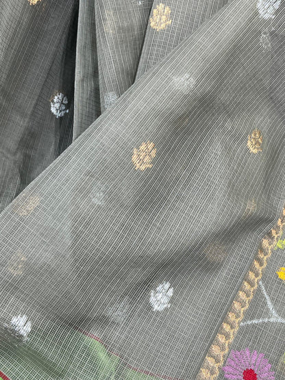 GREY PURE HANDLOOM KOTA DORIYA SAREE
