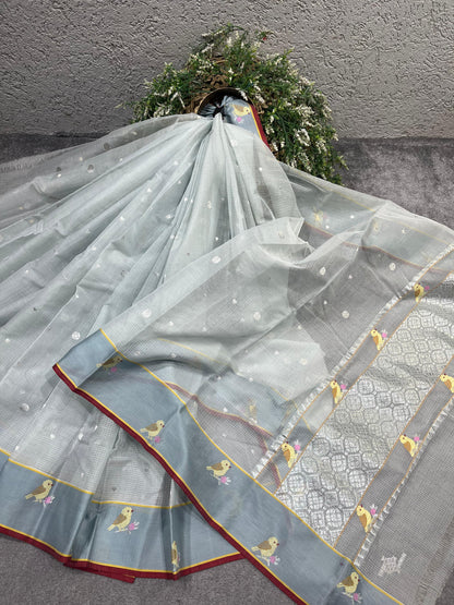 GREY PURE HANDLOOM KOTA DORIYA SAREE