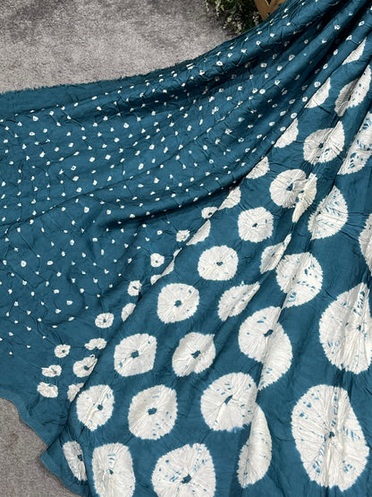 TEAL MODAL SILK PURE HANDLOOM BHANDEJ DUPATTA