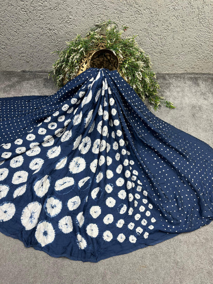 NAVY BLUE MODAL SILK PURE HANDLOOM BHANDEJ DUPATTA