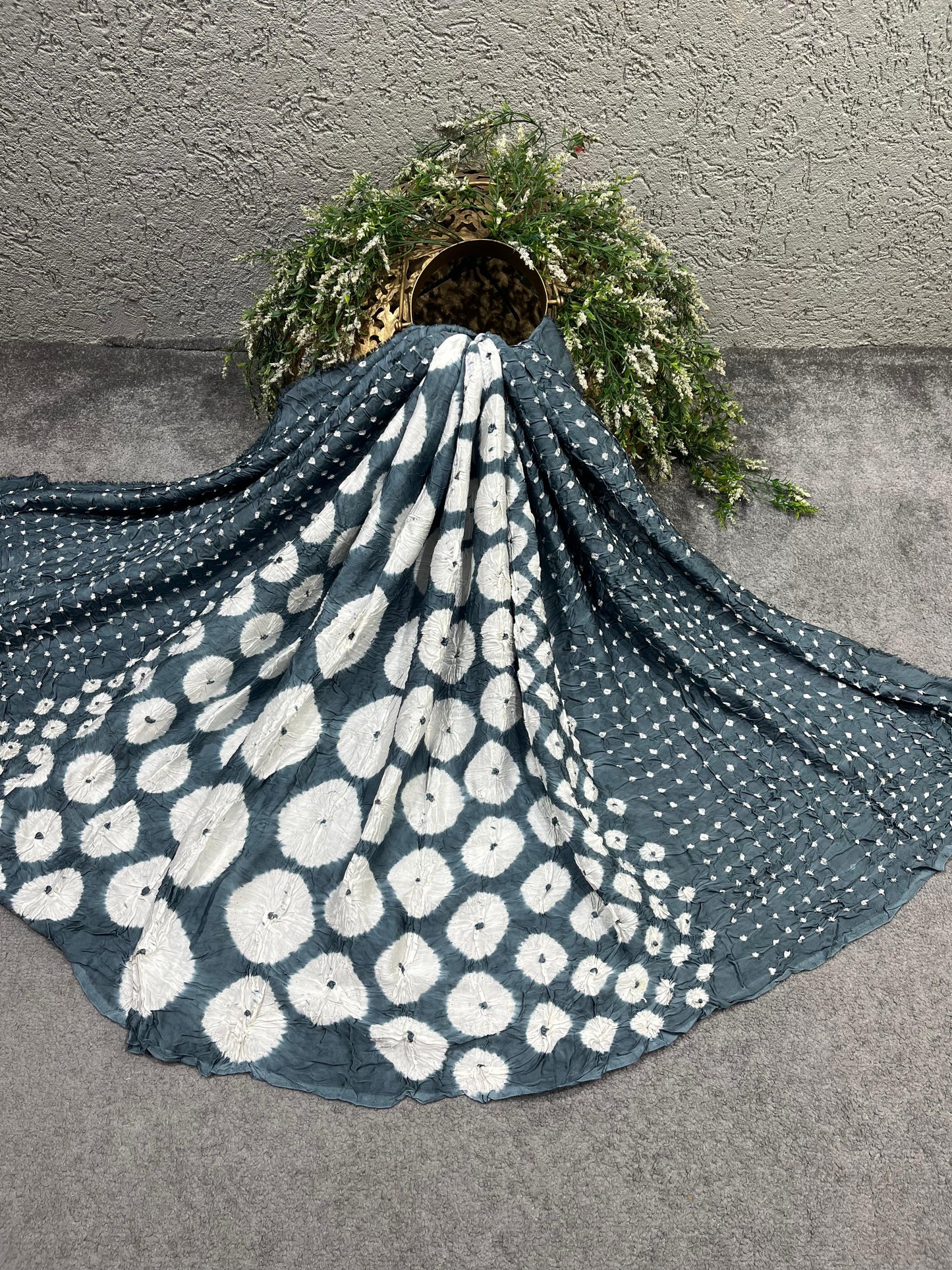 TEAL GREY SILK PURE HANDLOOM BHANDEJ DUPATTA