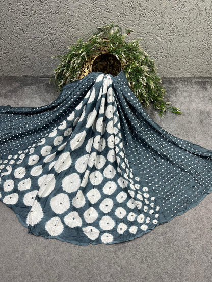 TEAL GREY SILK PURE HANDLOOM BHANDEJ DUPATTA