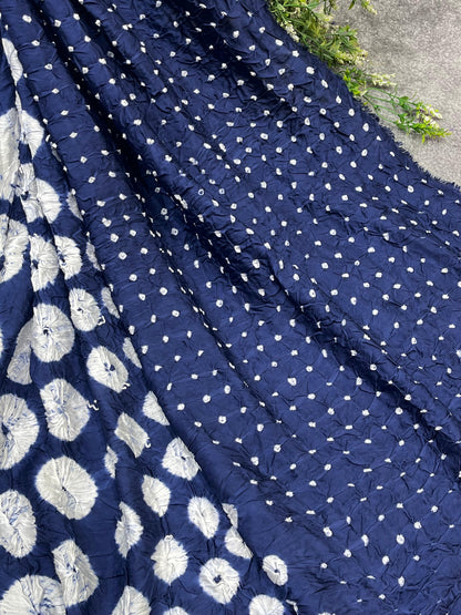 NAVY BLUE MODAL SILK PURE HANDLOOM BHANDEJ DUPATTA